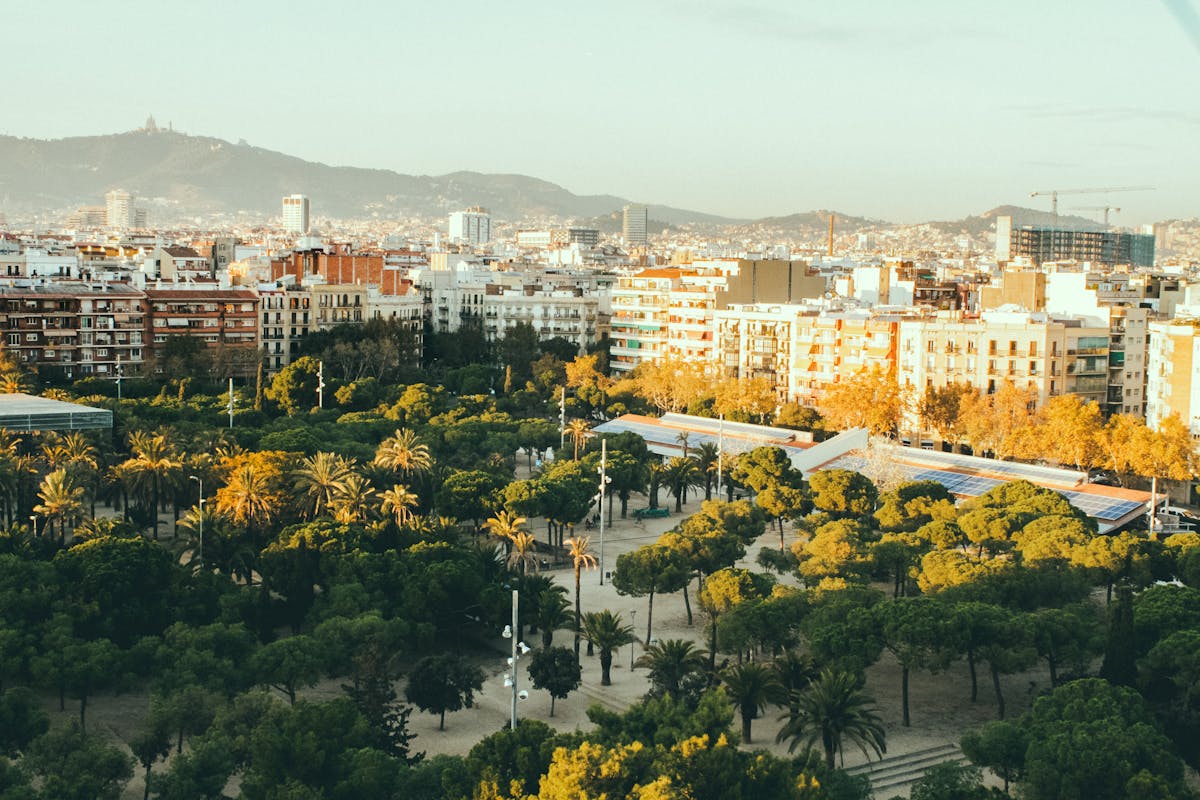 Barcelona park with Mediterranean vegetation and city views