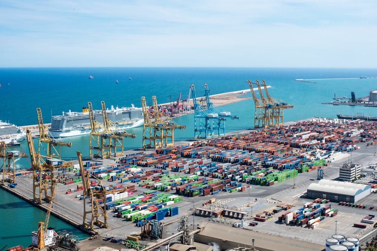 Barcelona waterfront with port facilities and modern architecture