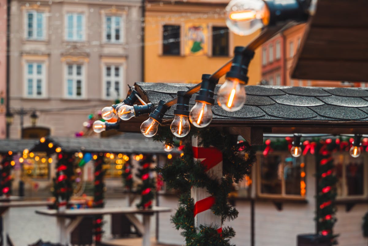 Christmas market stalls at Fira de Santa Llúcia in front of Barcelona Cathedral