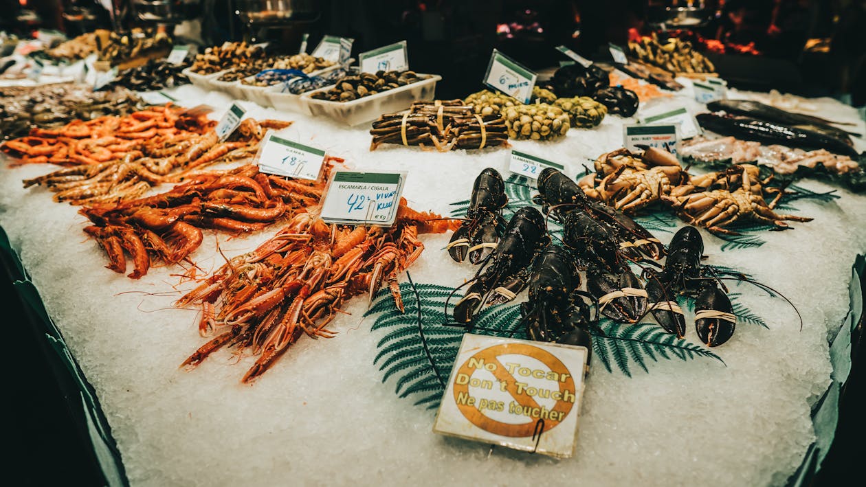 Fresh seafood display at La Boqueria market in Barcelona