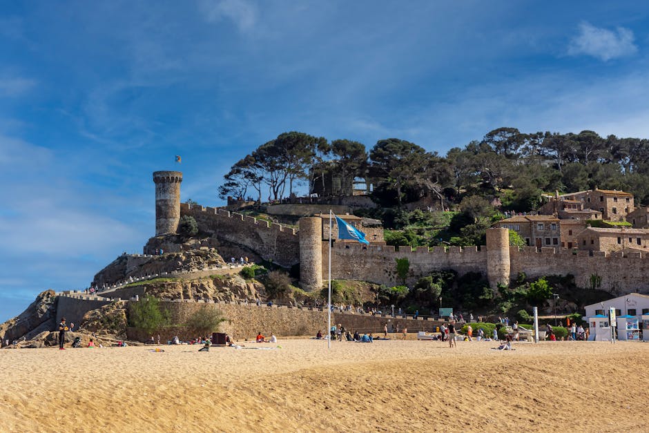 The medieval fortress of Tossa de Mar overlooking the beach and Mediterranean Sea