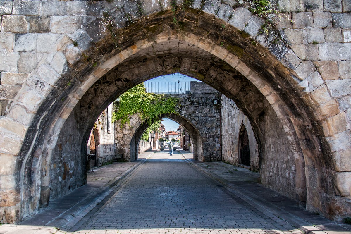 Medieval archway and the Bishop's Bridge in the Gothic Quarter Barcelona connecting two historic buildings