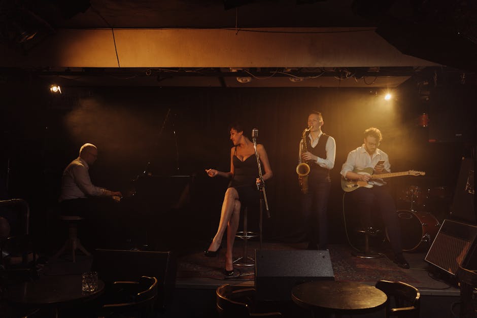 A small intimate jazz club in Barcelona with musicians on stage and an attentive audience