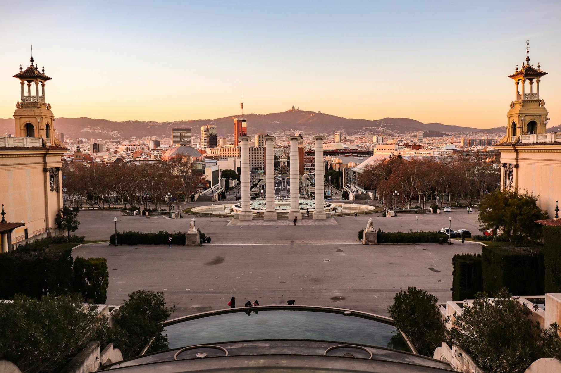 Beautiful sunset view of Barcelona cityscape from Montjuic hill