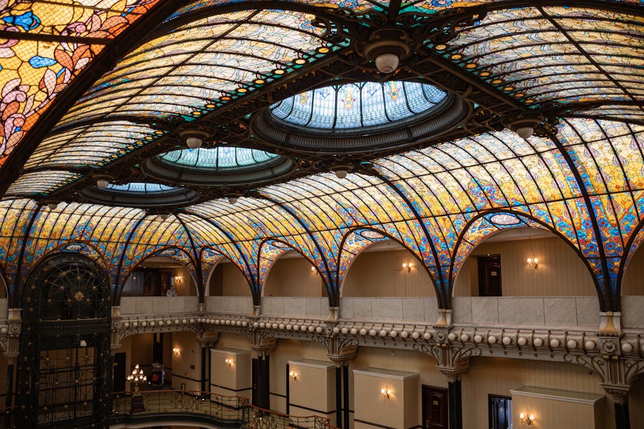 The interior of Palau de la Musica Catalana with stained glass