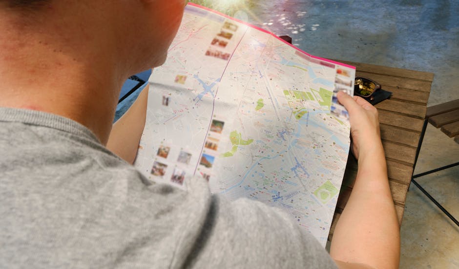 Tourists checking a map while walking in Barcelona