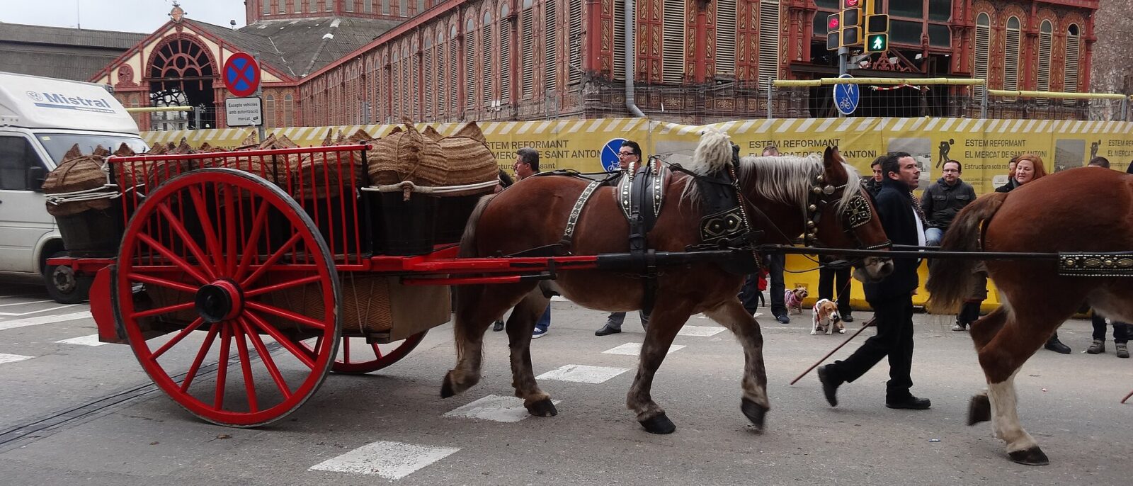 Horses pulling a red cart past the Mercat de Sant Antoni during the Tres Tombs parade in January