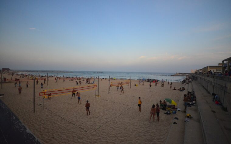 A Barcelona beach on a summer evening, with people playing volleyball on the sand and swimmers in the sea