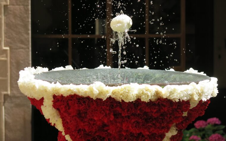 An eggshell dancing on a jet of water above a fountain decorated with red and white carnations for l'Ou com balla in Barcelona
