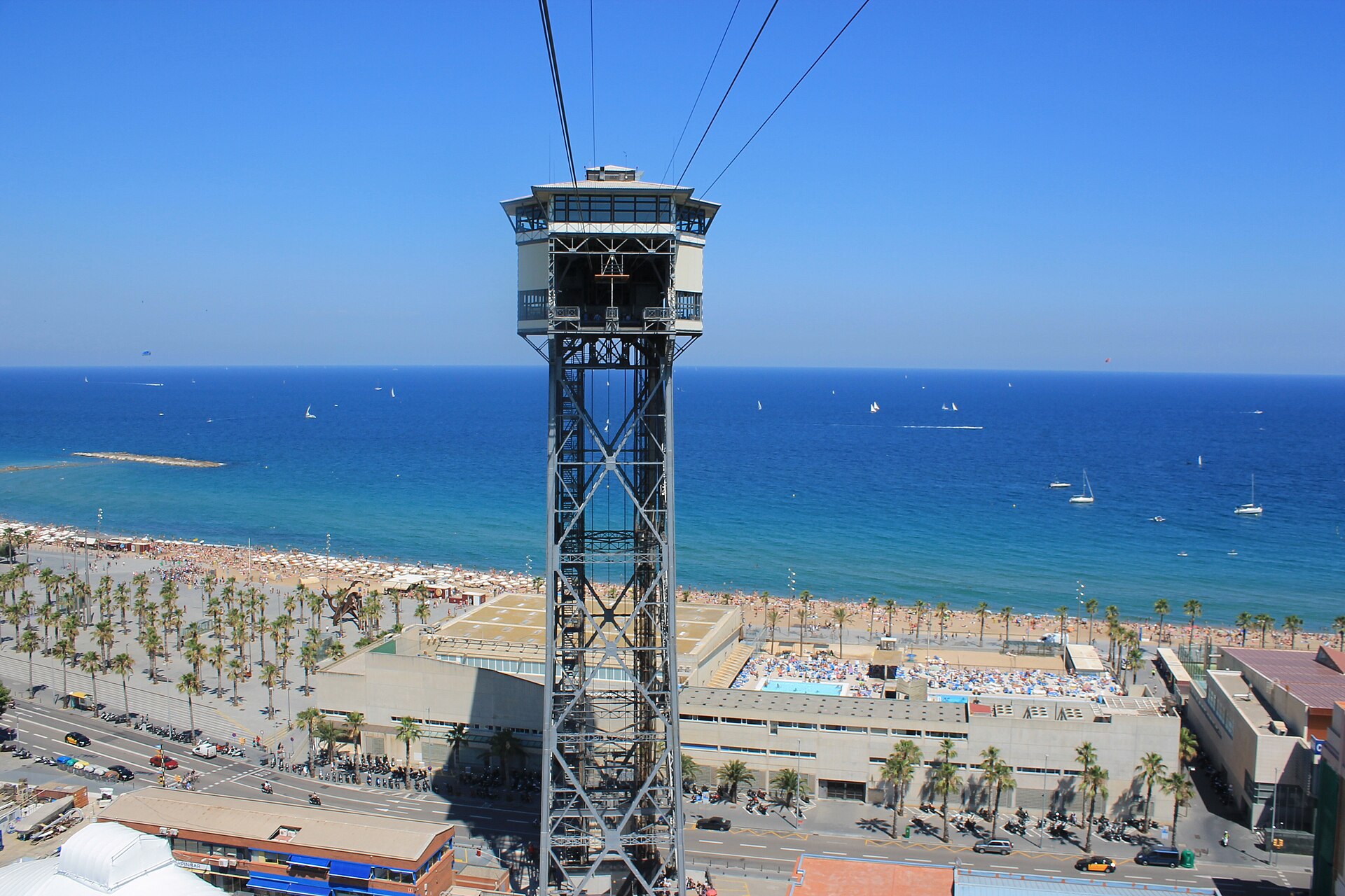 The cable car tower above Barceloneta beach and the surrounding streets