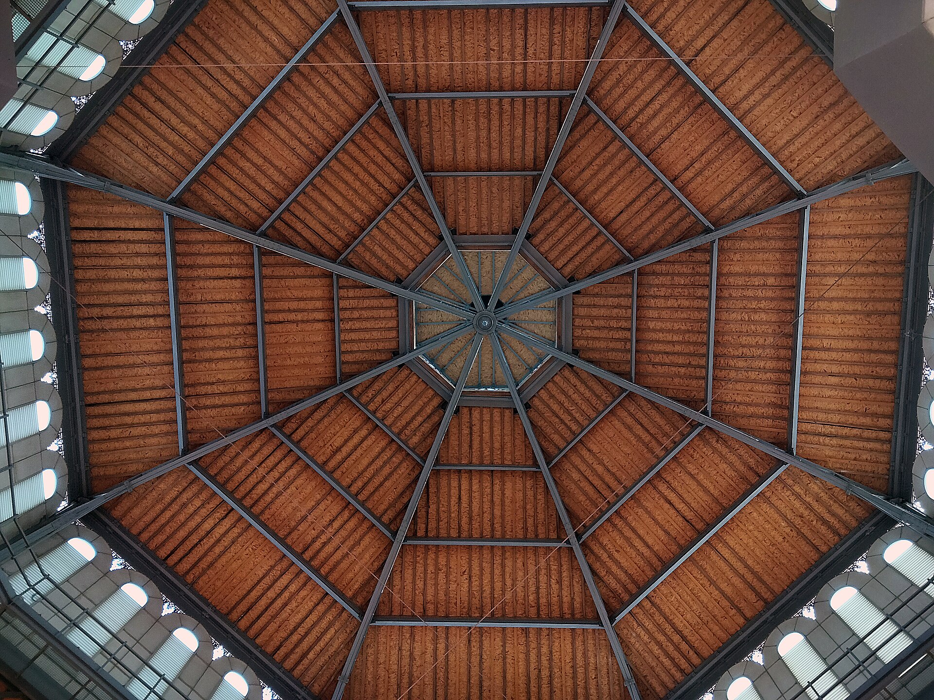 The octagonal iron and timber dome at the centre of the Mercat de Sant Antoni in Barcelona