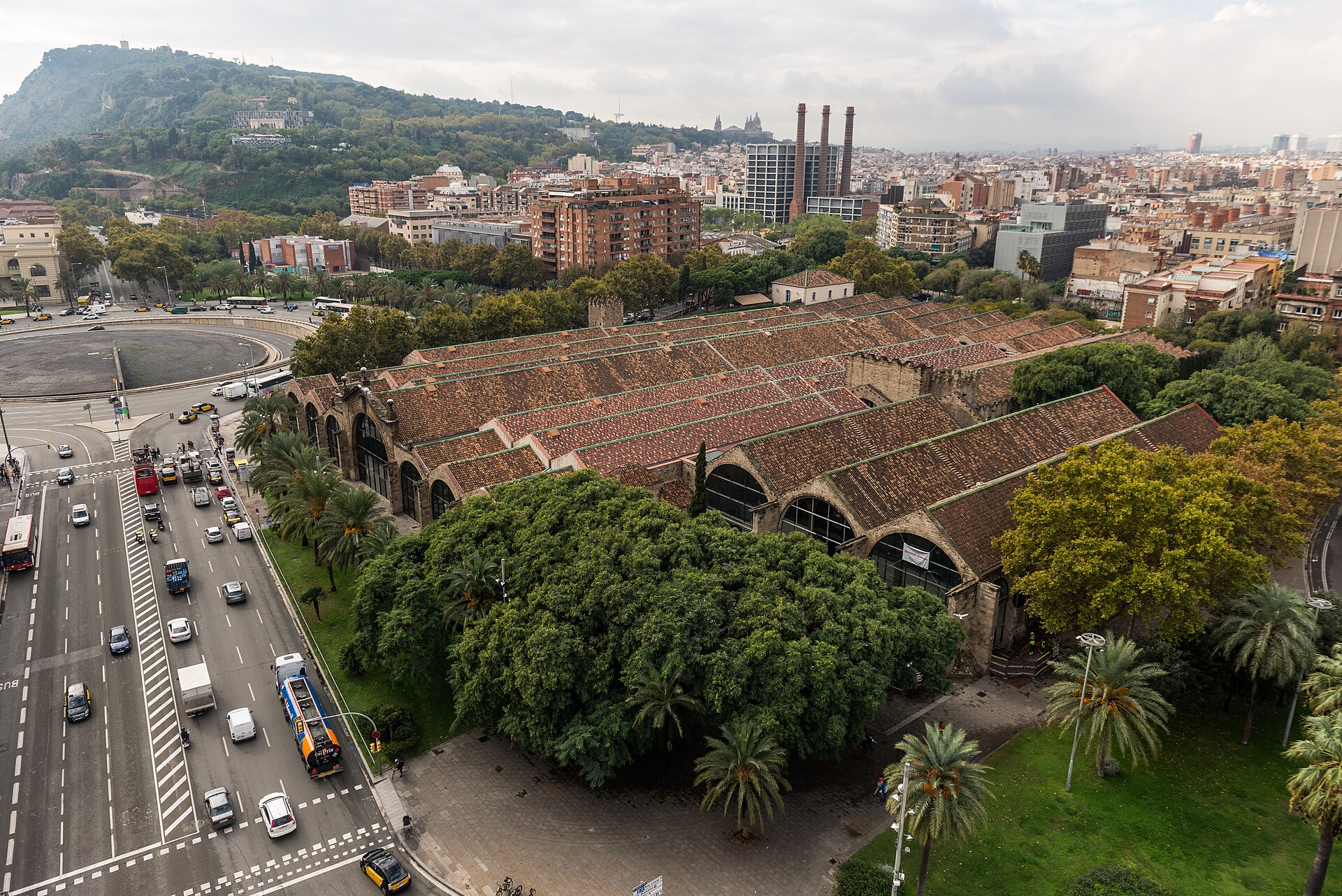 View from the Columbus Monument over the medieval shipyards of the Drassanes towards Montjuic and the Palau Nacional
